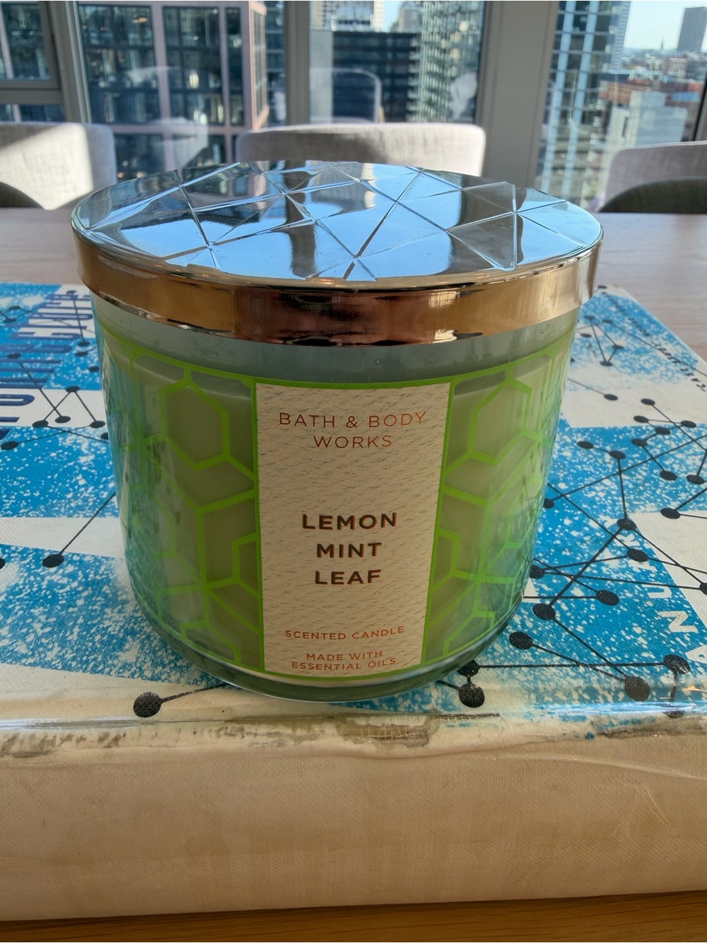 Bath & Body Works Lemon Mint Leaf Scented 3 Wick Candle — Green